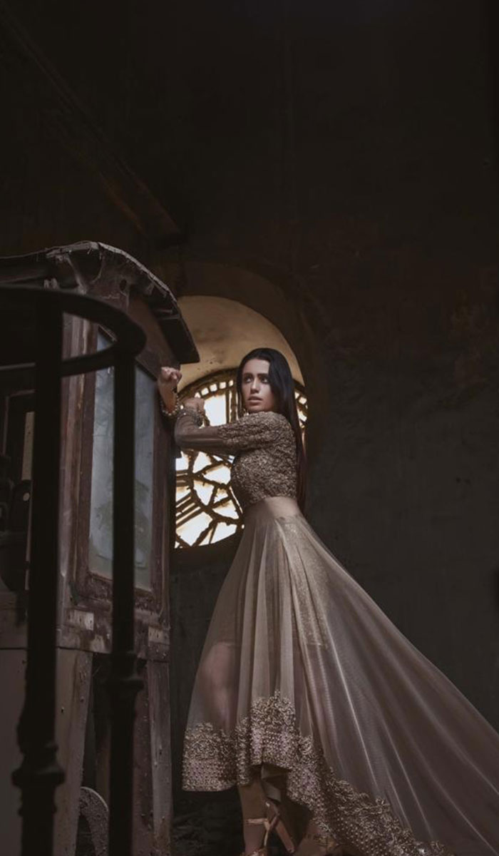 Pakistani Champagne Beaded Net High-Low Bridal Gown (1-Pc) - Image 1