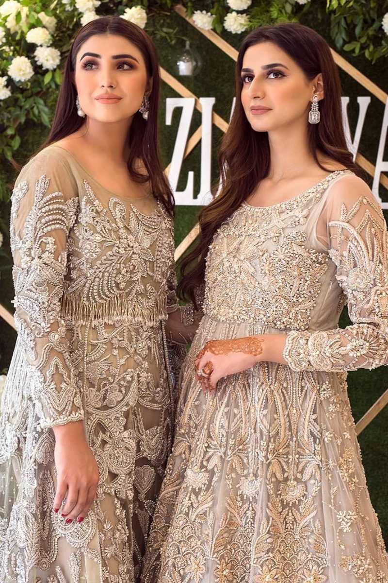 Pakistani Champagne Embellished Net Floor-Length Gown (1-Pc) - Image 1