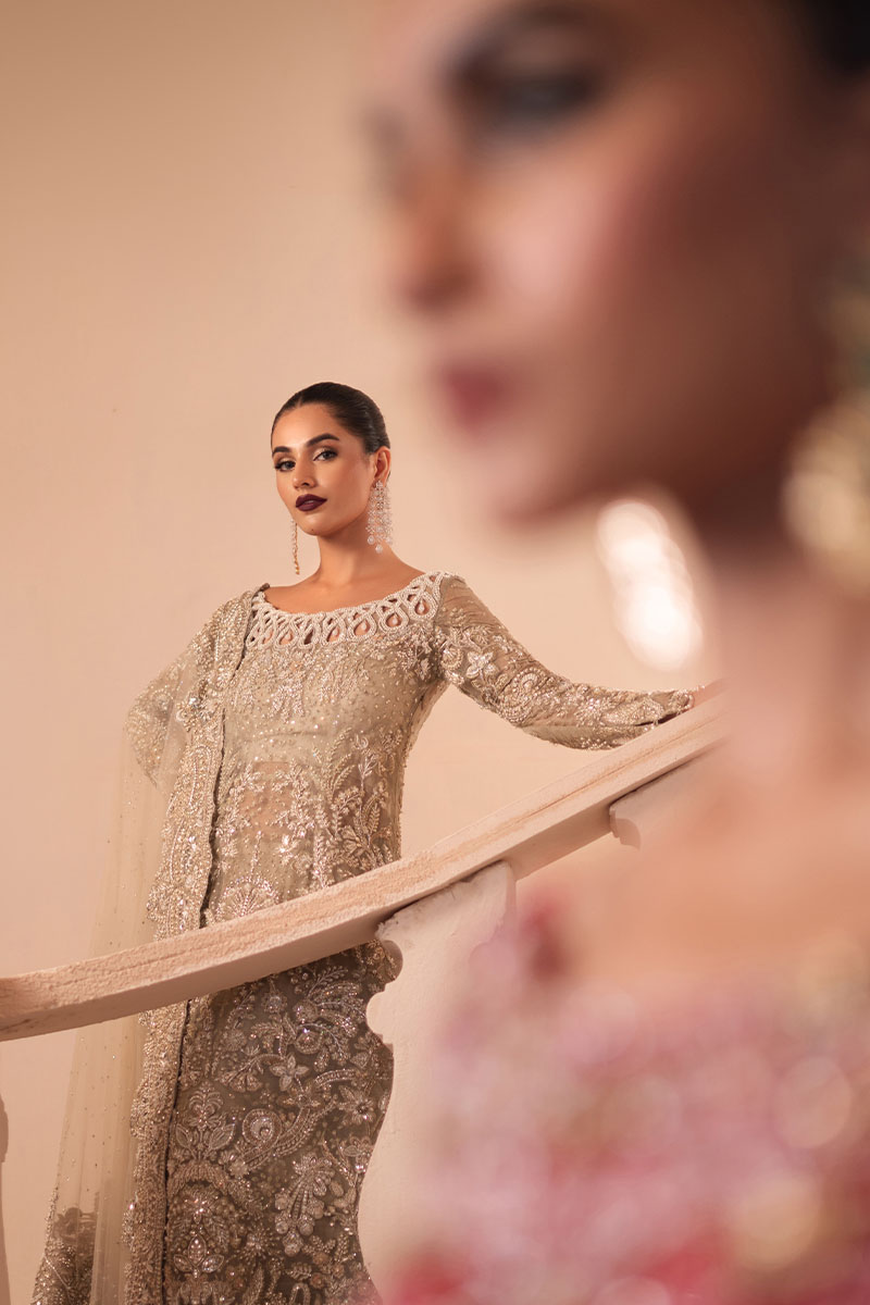 Pakistani Golden Embellished Net Silk Bridal Gown (2-Piece) - Image 11