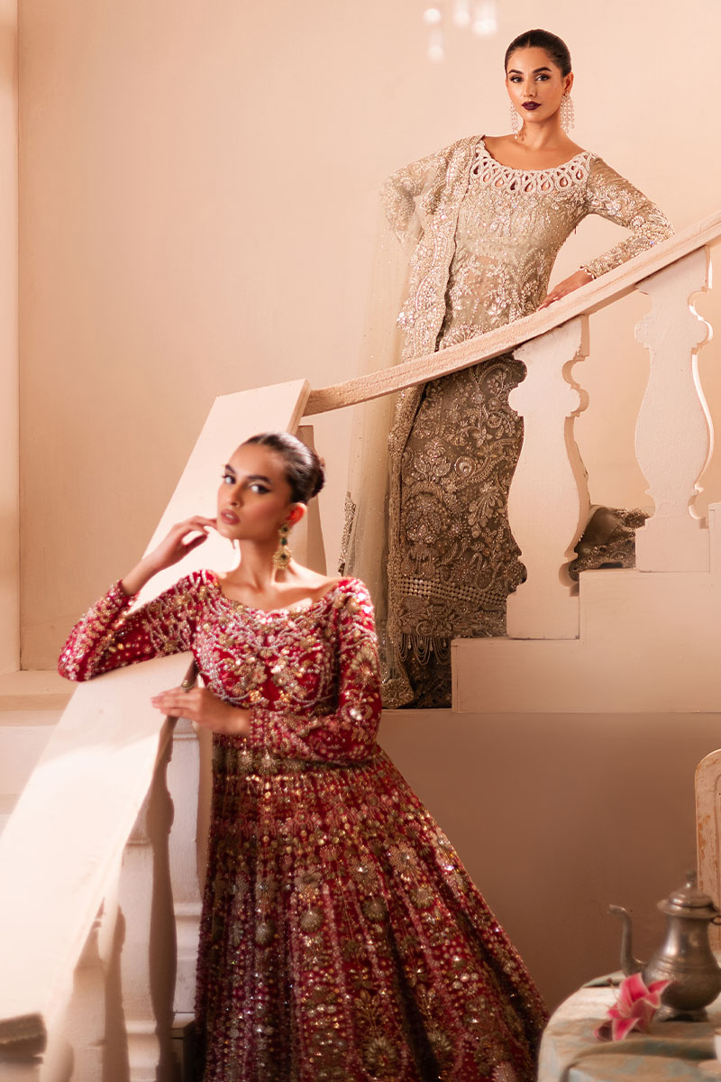 Pakistani Golden Embellished Net Silk Bridal Gown (2-Piece) - Image 12