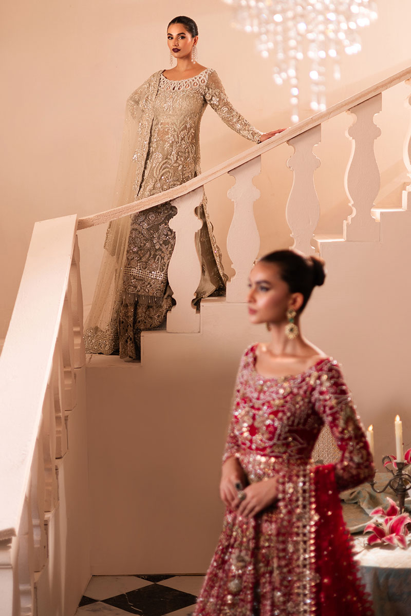 Pakistani Golden Embellished Net Silk Bridal Gown (2-Piece) - Image 13