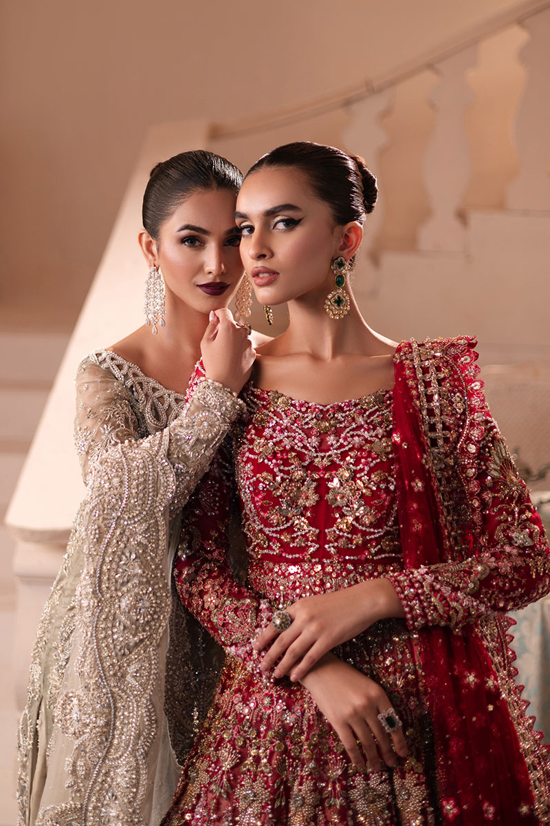 Pakistani Golden Embellished Net Silk Bridal Gown (2-Piece) - Image 14