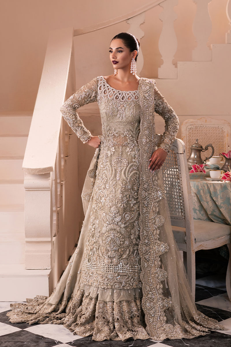 Pakistani Golden Embellished Net Silk Bridal Gown (2-Piece) - Image 2