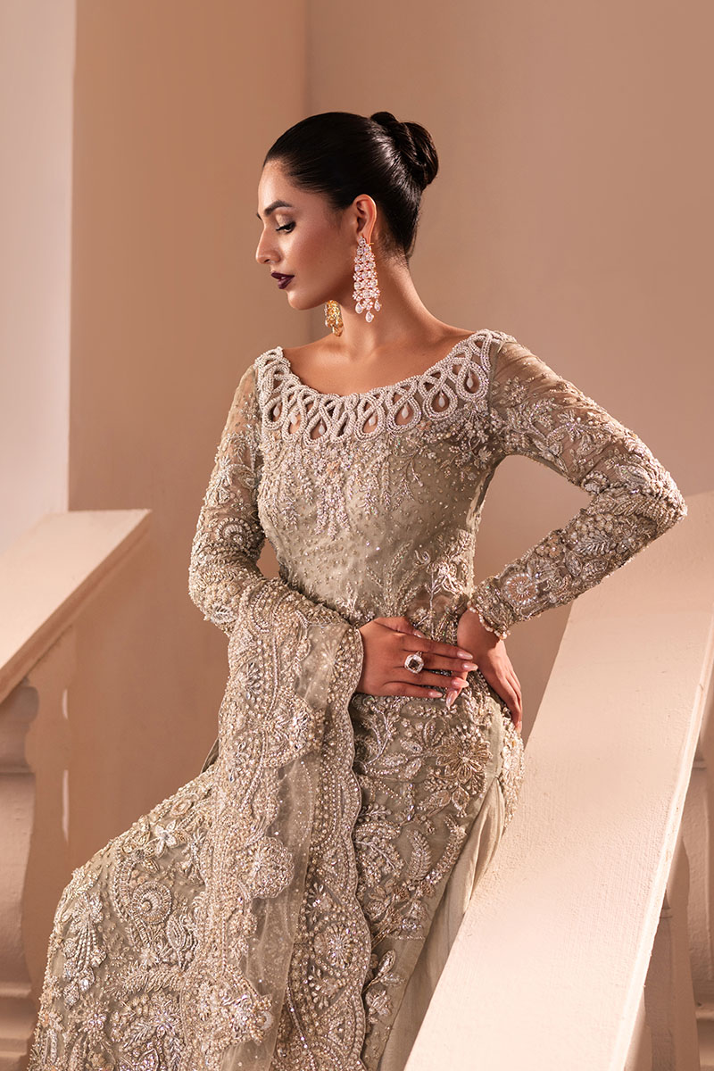 Pakistani Golden Embellished Net Silk Bridal Gown (2-Piece) - Image 4