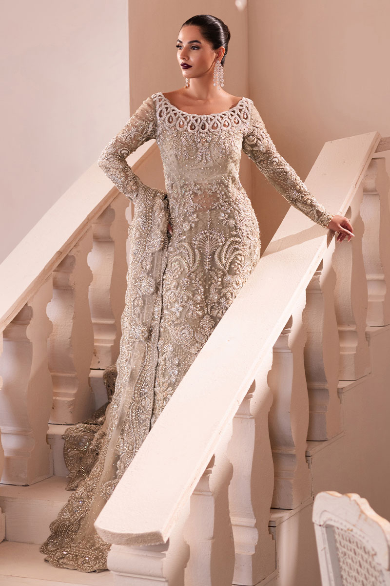 Pakistani Golden Embellished Net Silk Bridal Gown (2-Piece) - Image 5