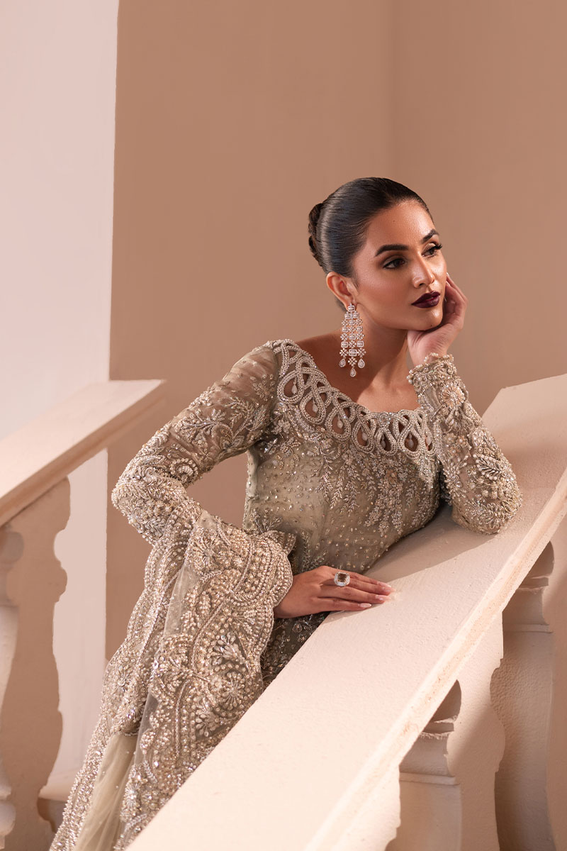 Pakistani Golden Embellished Net Silk Bridal Gown (2-Piece) - Image 6