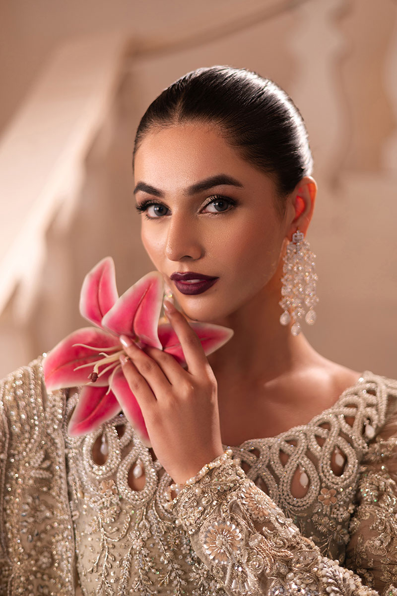 Pakistani Golden Embellished Net Silk Bridal Gown (2-Piece) - Image 7