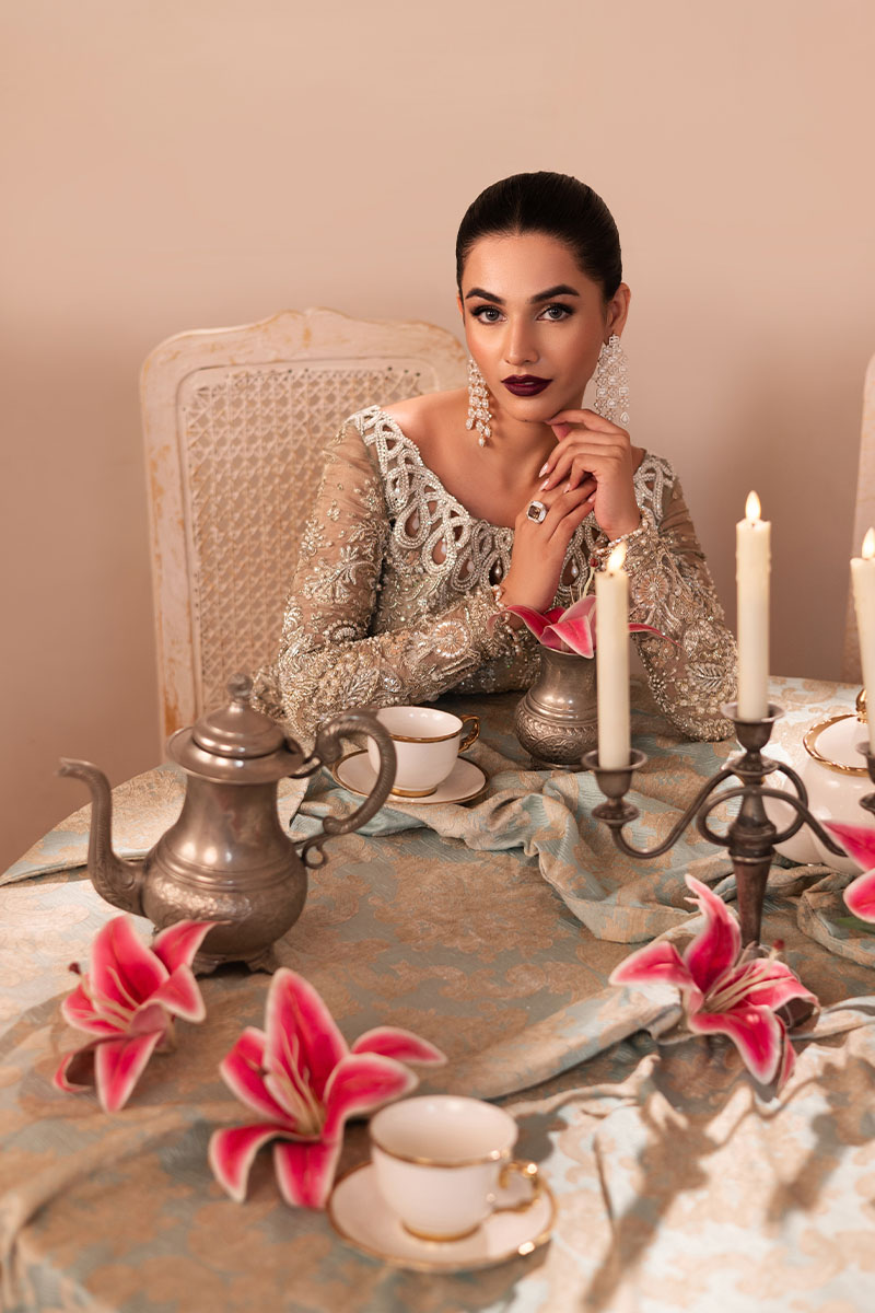 Pakistani Golden Embellished Net Silk Bridal Gown (2-Piece) - Image 8