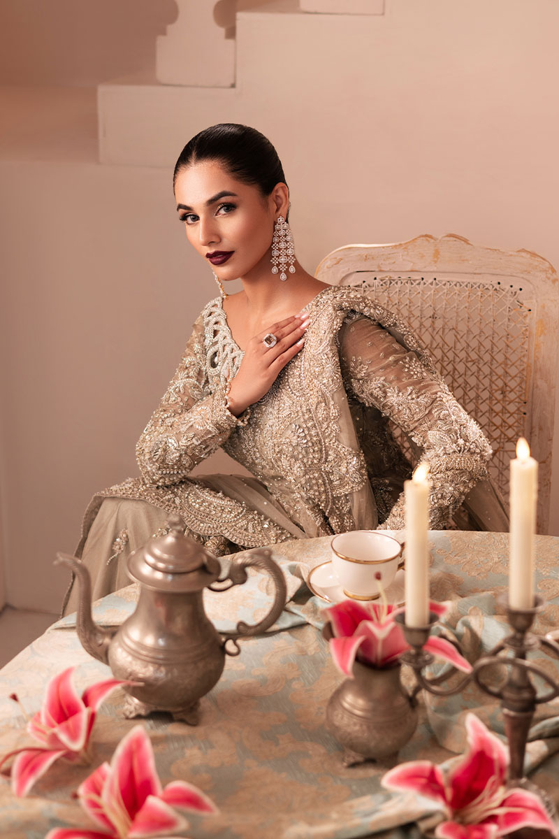 Pakistani Golden Embellished Net Silk Bridal Gown (2-Piece) - Image 9