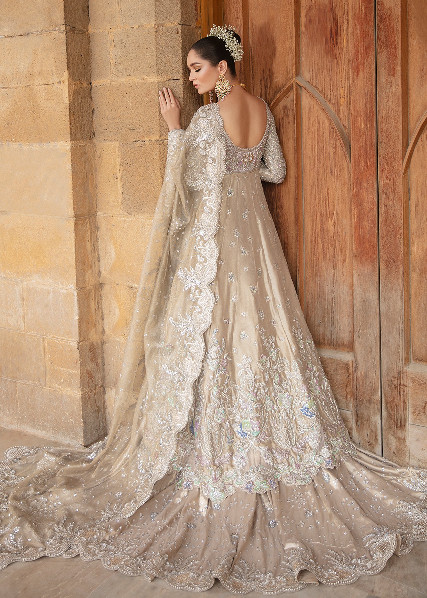 Pakistani Champagne Lilac Embellished Net Satin Bridal Gown (2-Piece) - Image 3