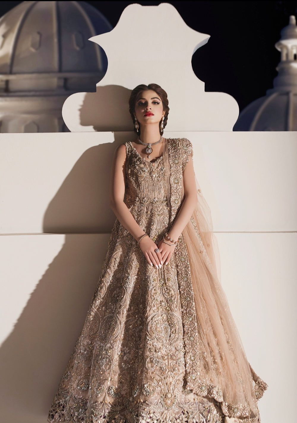 Pakistani Champagne Embellished Net Bridal Gown (2-Piece) - Image 6