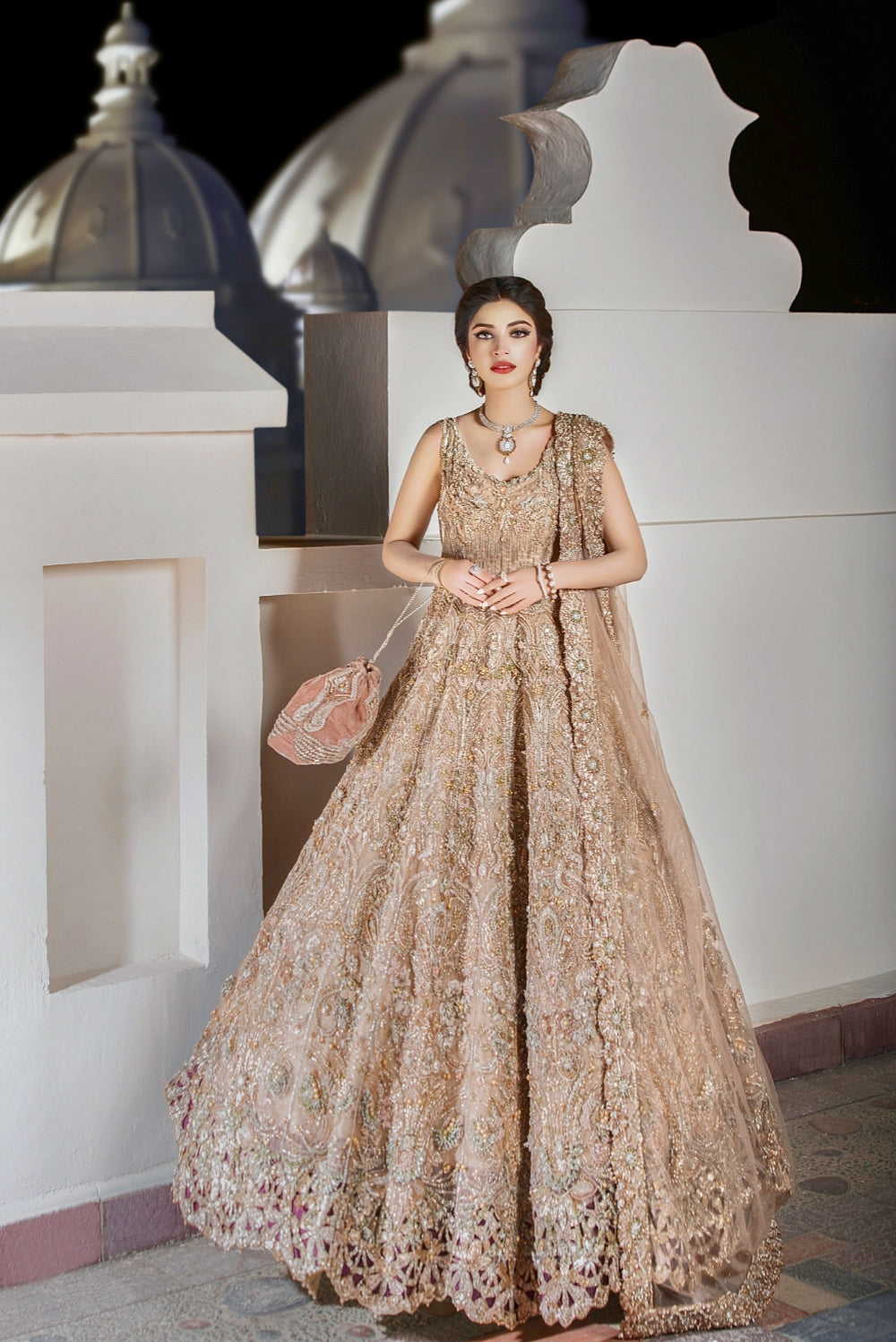 Pakistani Champagne Embellished Net Bridal Gown (2-Piece) - Image 7