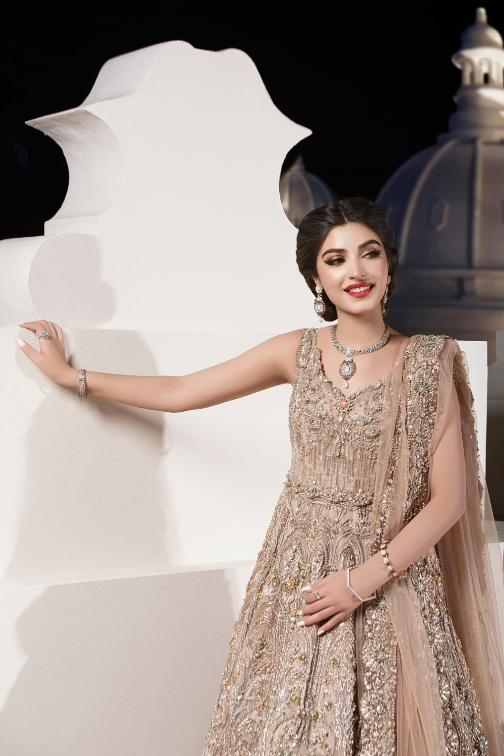 Pakistani Champagne Embellished Bridal Gown (2-Piece) - Image 3