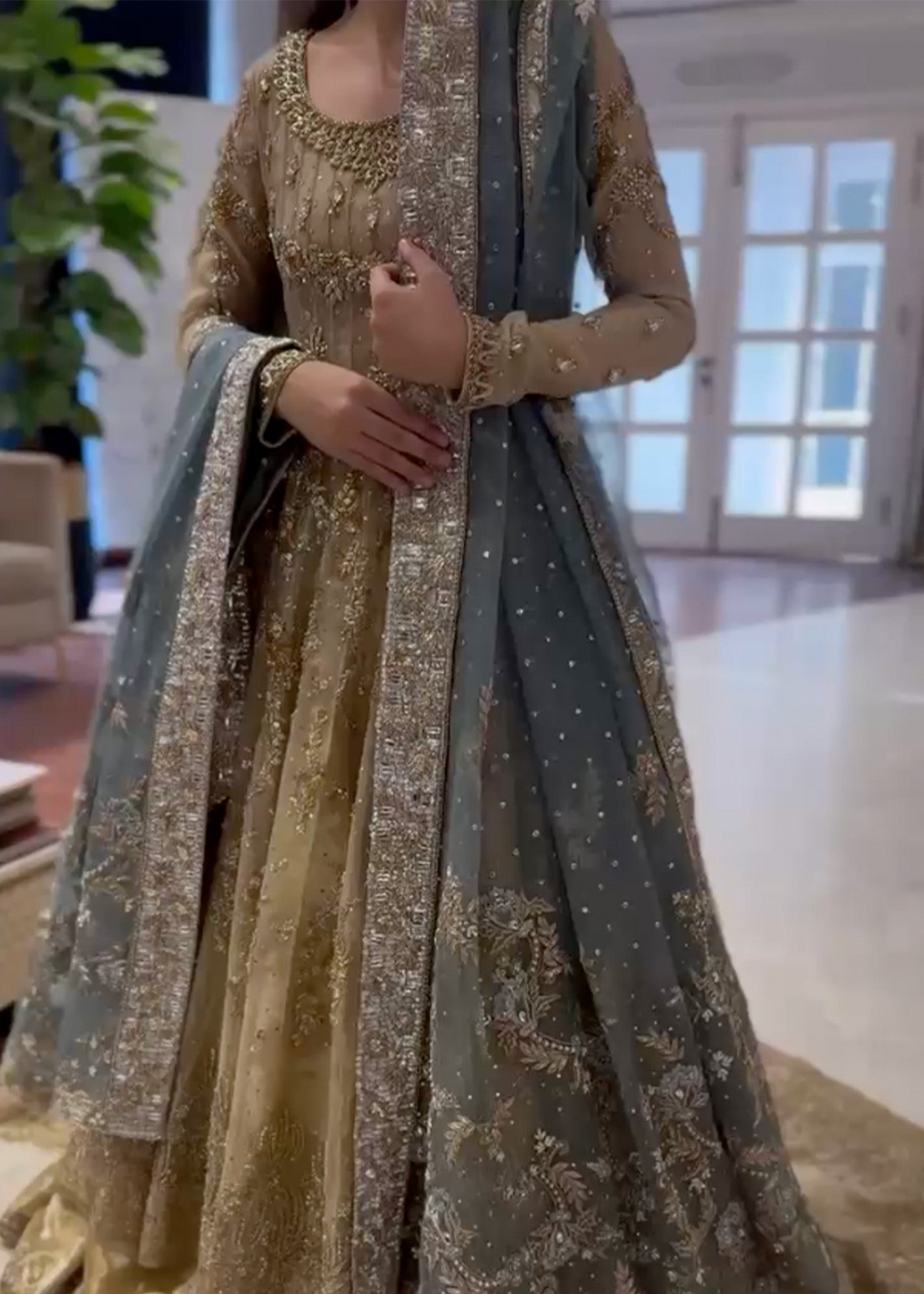 Champagne Hand Embellished Net Bridal Gown (2-Piece) - Image 1