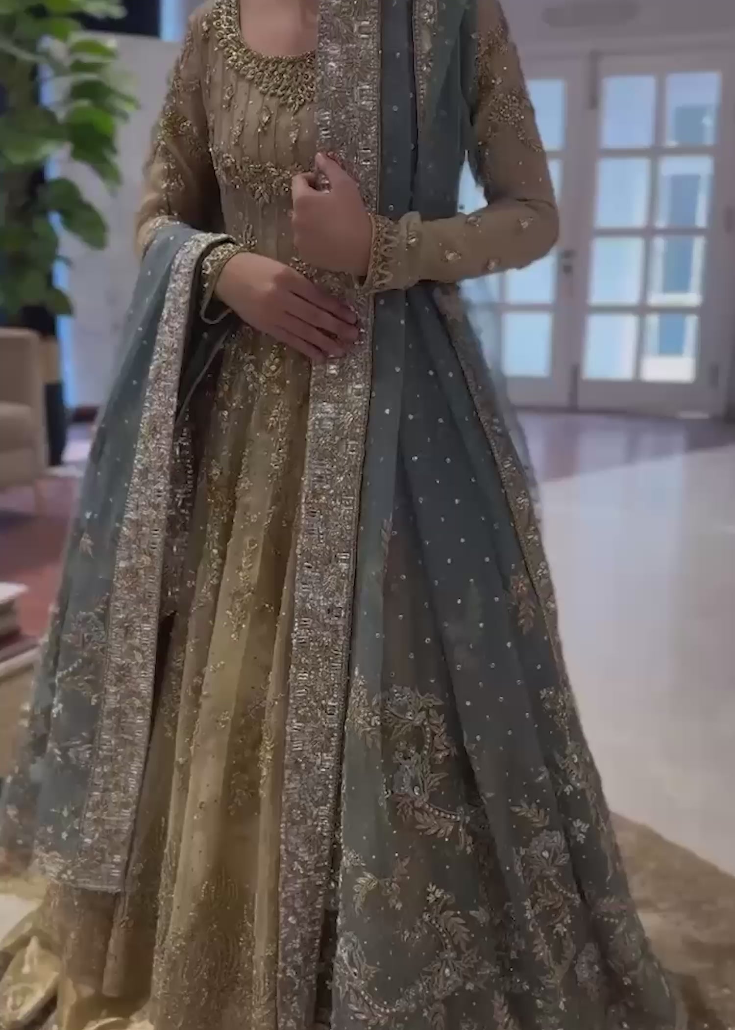 Champagne Hand Embellished Net Bridal Gown (2-Piece) - Image 3