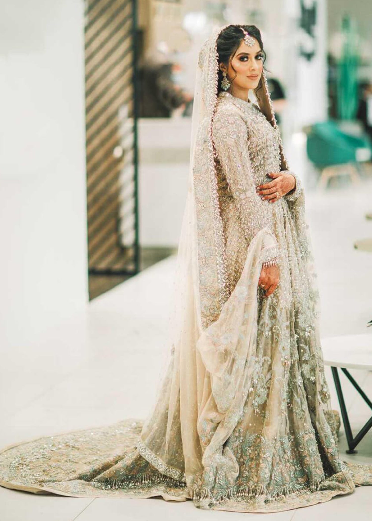 Pakistani Soft Champagne Embellished Net Bridal Gown (2-Piece) - Image 1