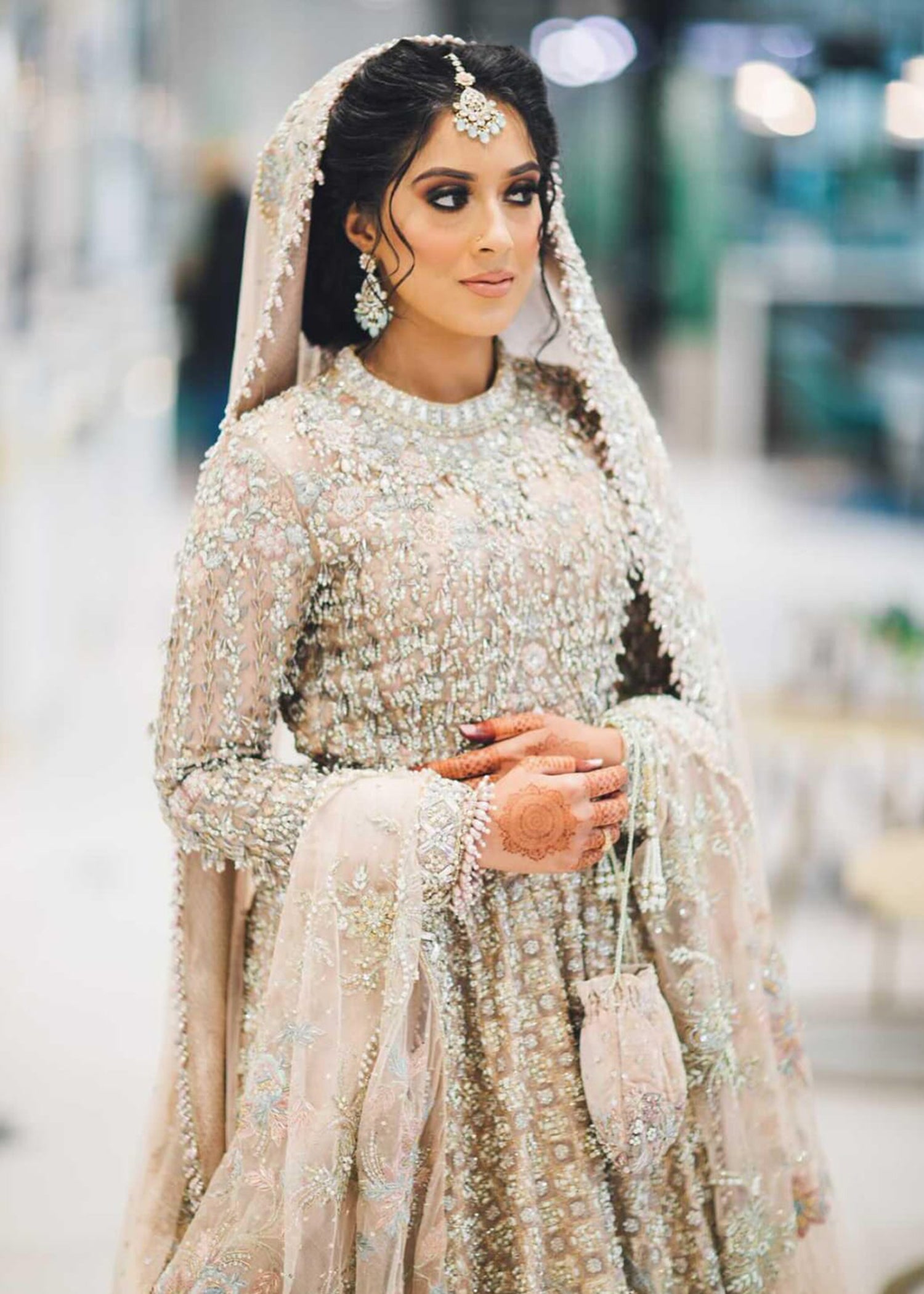 Pakistani Soft Champagne Embellished Net Bridal Gown (2-Piece) - Image 2