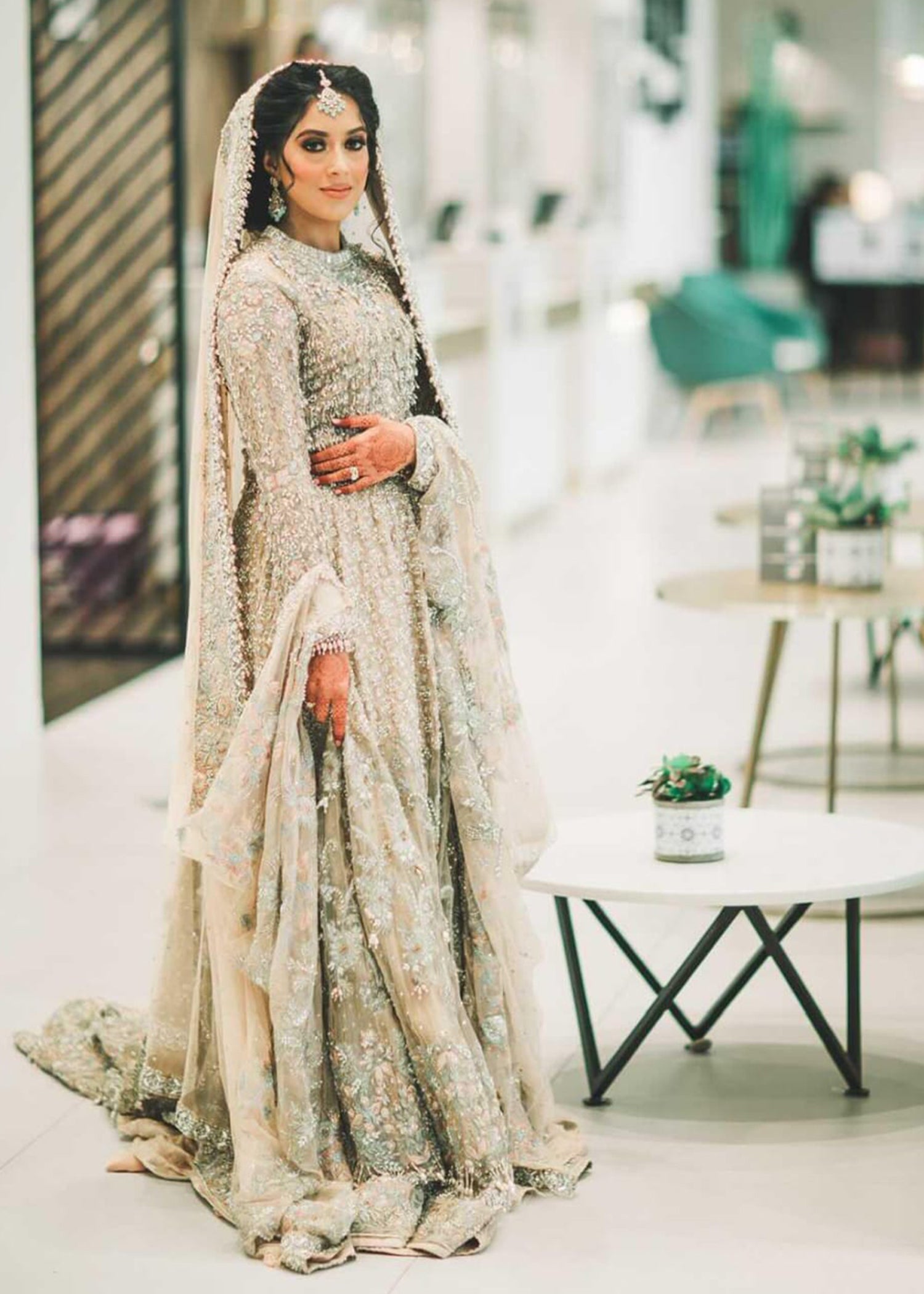 Pakistani Soft Champagne Embellished Net Bridal Gown (2-Piece) - Image 4