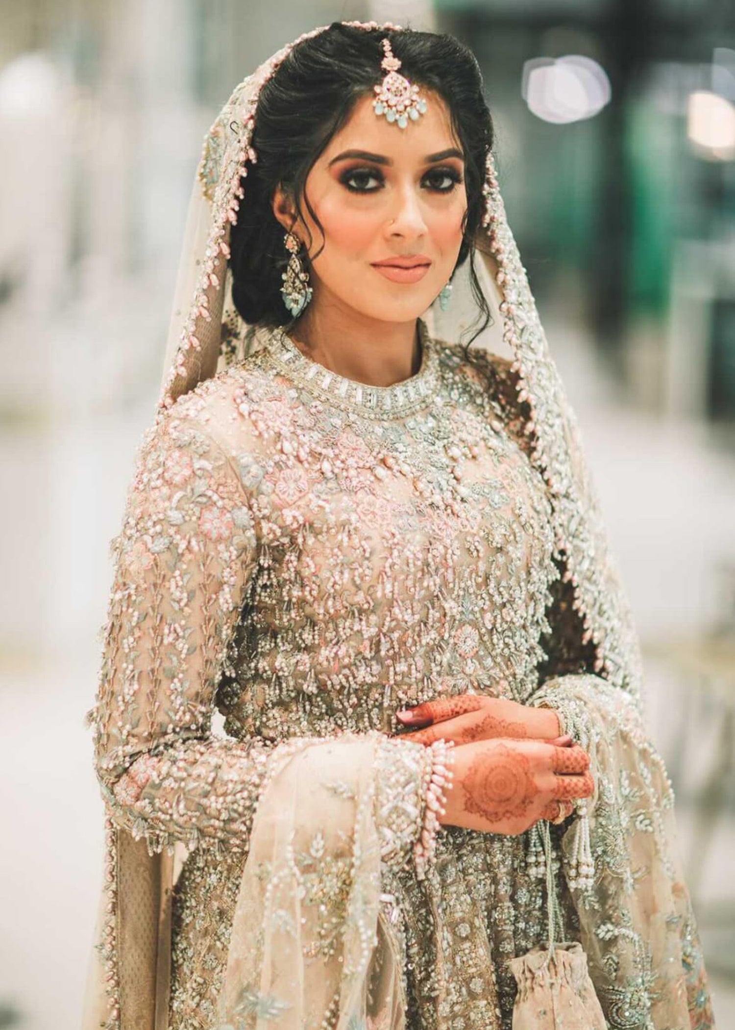 Pakistani Soft Champagne Embellished Net Bridal Gown (2-Piece) - Image 5