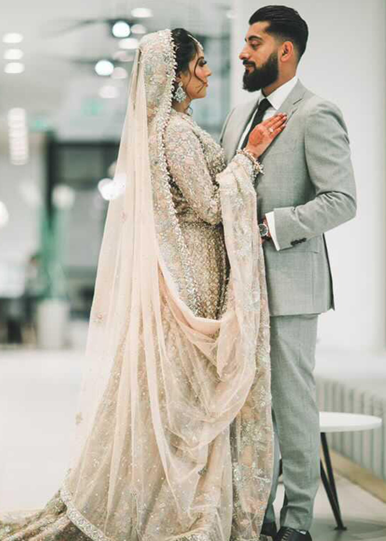 Pakistani Soft Champagne Embellished Net Bridal Gown (2-Piece) - Image 6