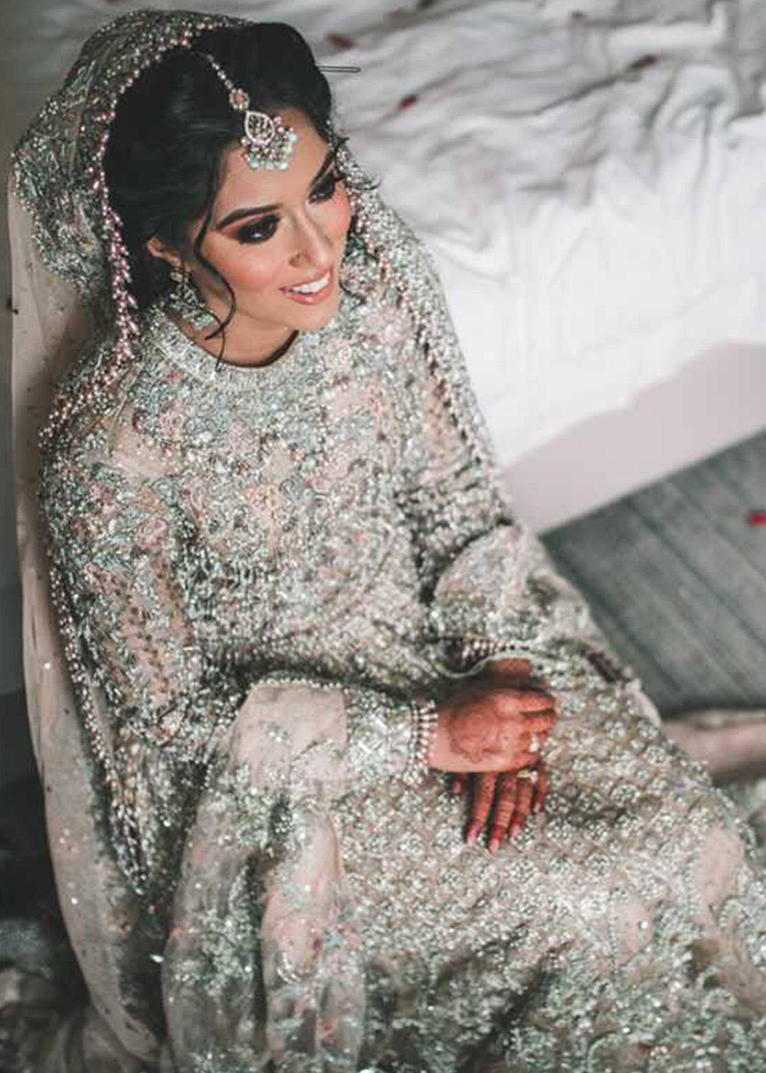 Pakistani Soft Champagne Embellished Net Bridal Gown (2-Piece) - Image 7