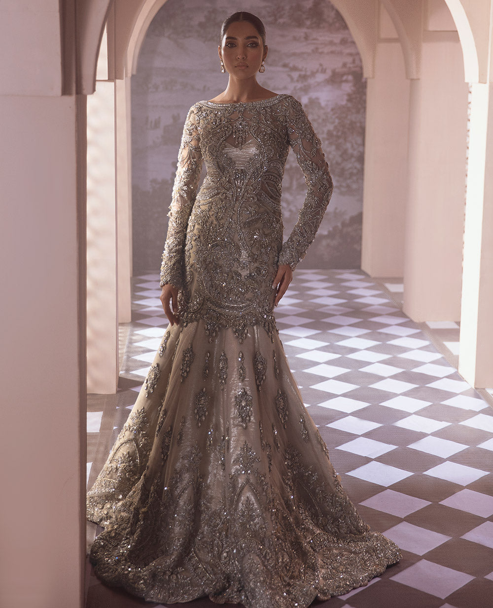 Champagne Silver Embellished Net Gown (2-Piece) - Image 1