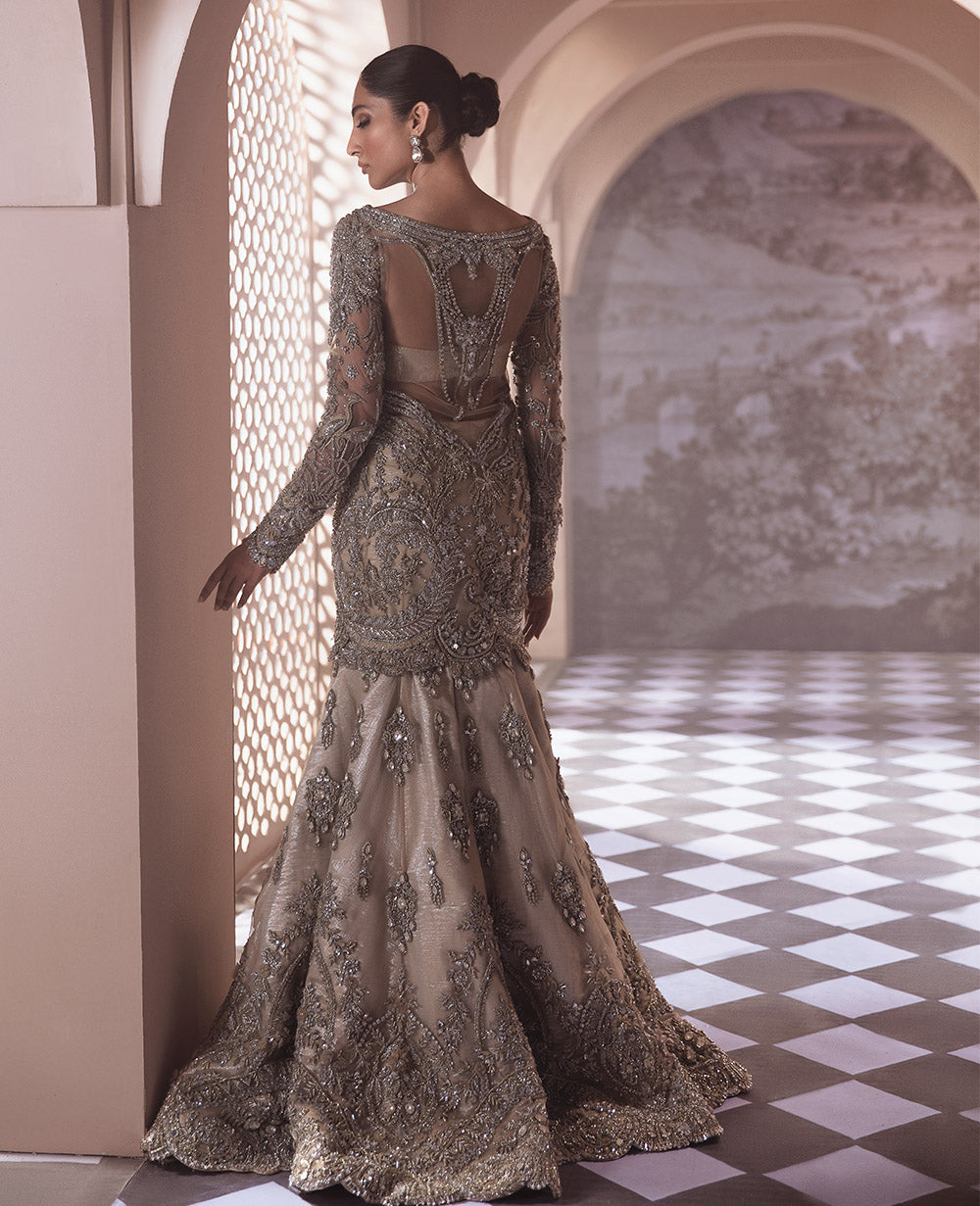 Champagne Silver Embellished Net Gown (2-Piece) - Image 5
