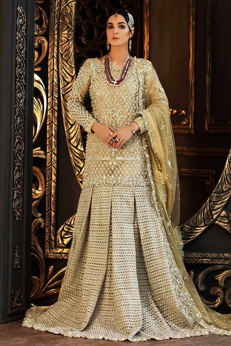 Pakistani Gold Embellished Net Mermaid-Cut Bridal Gown (2-Piece) - Image 1