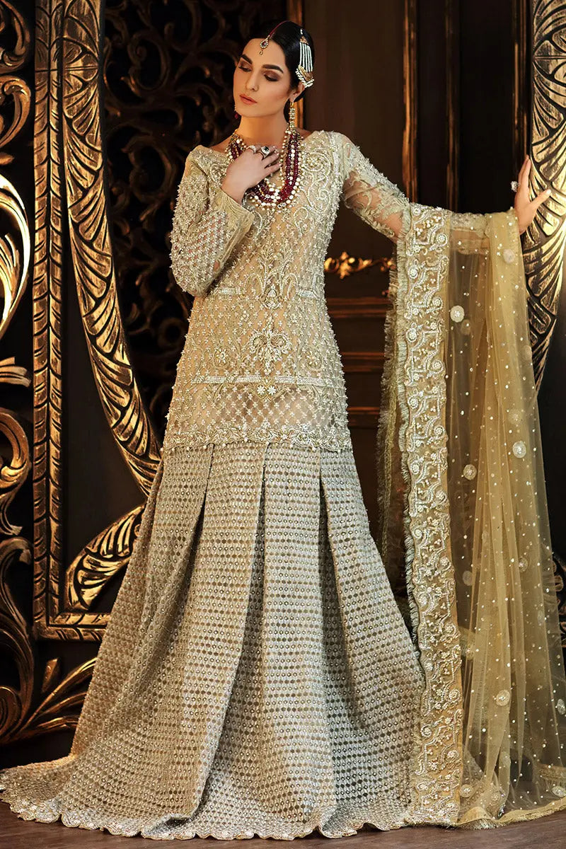 Pakistani Gold Embellished Net Mermaid-Cut Bridal Gown (2-Piece) - Image 2