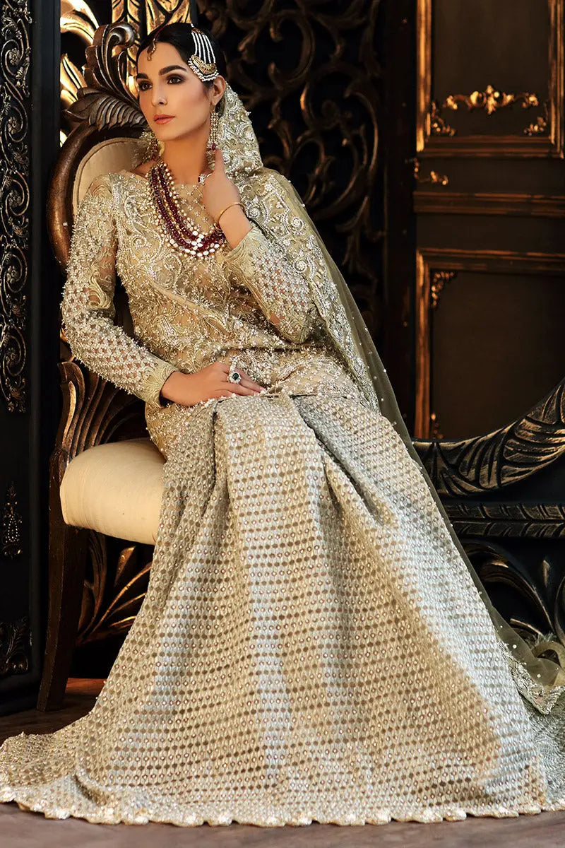 Pakistani Gold Embellished Net Mermaid-Cut Bridal Gown (2-Piece) - Image 3