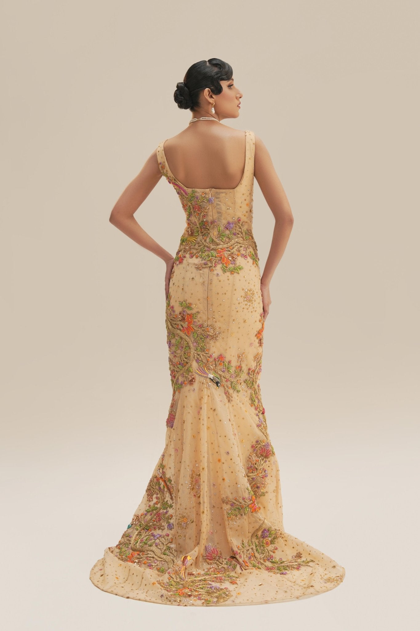 Pakistani Golden-Champagne Embroidered Net Bridal Gown (2-Piece) - Image 10