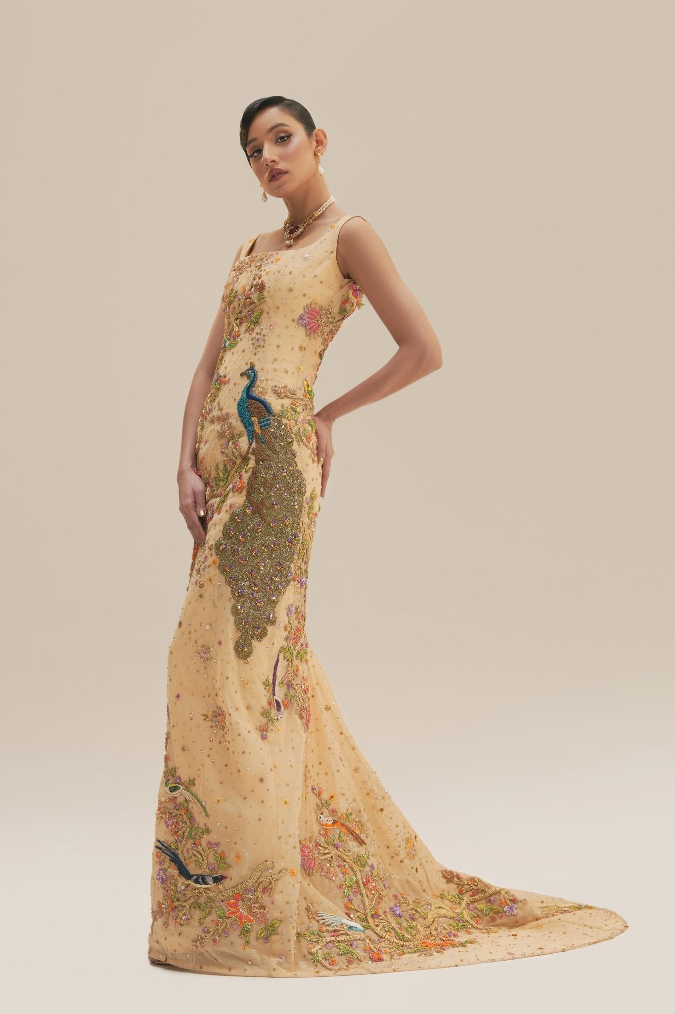 Pakistani Golden-Champagne Embroidered Net Bridal Gown (2-Piece) - Image 3