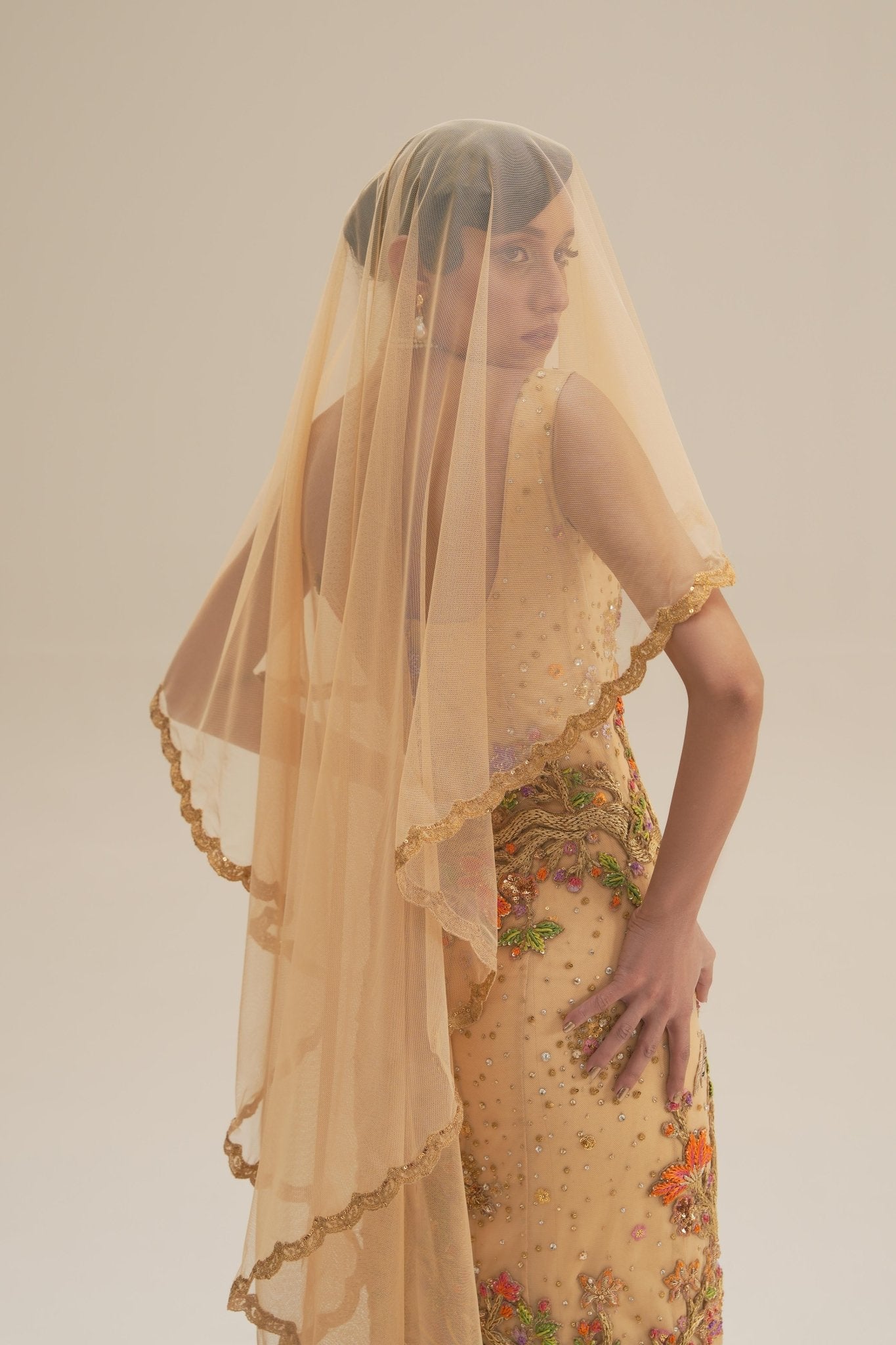 Pakistani Golden-Champagne Embroidered Net Bridal Gown (2-Piece) - Image 4