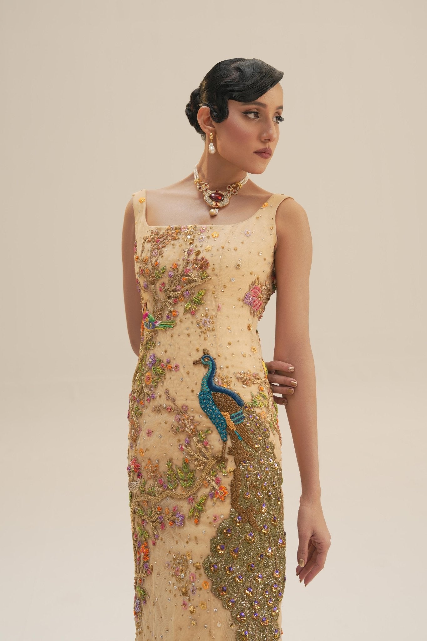 Pakistani Golden-Champagne Embroidered Net Bridal Gown (2-Piece) - Image 6