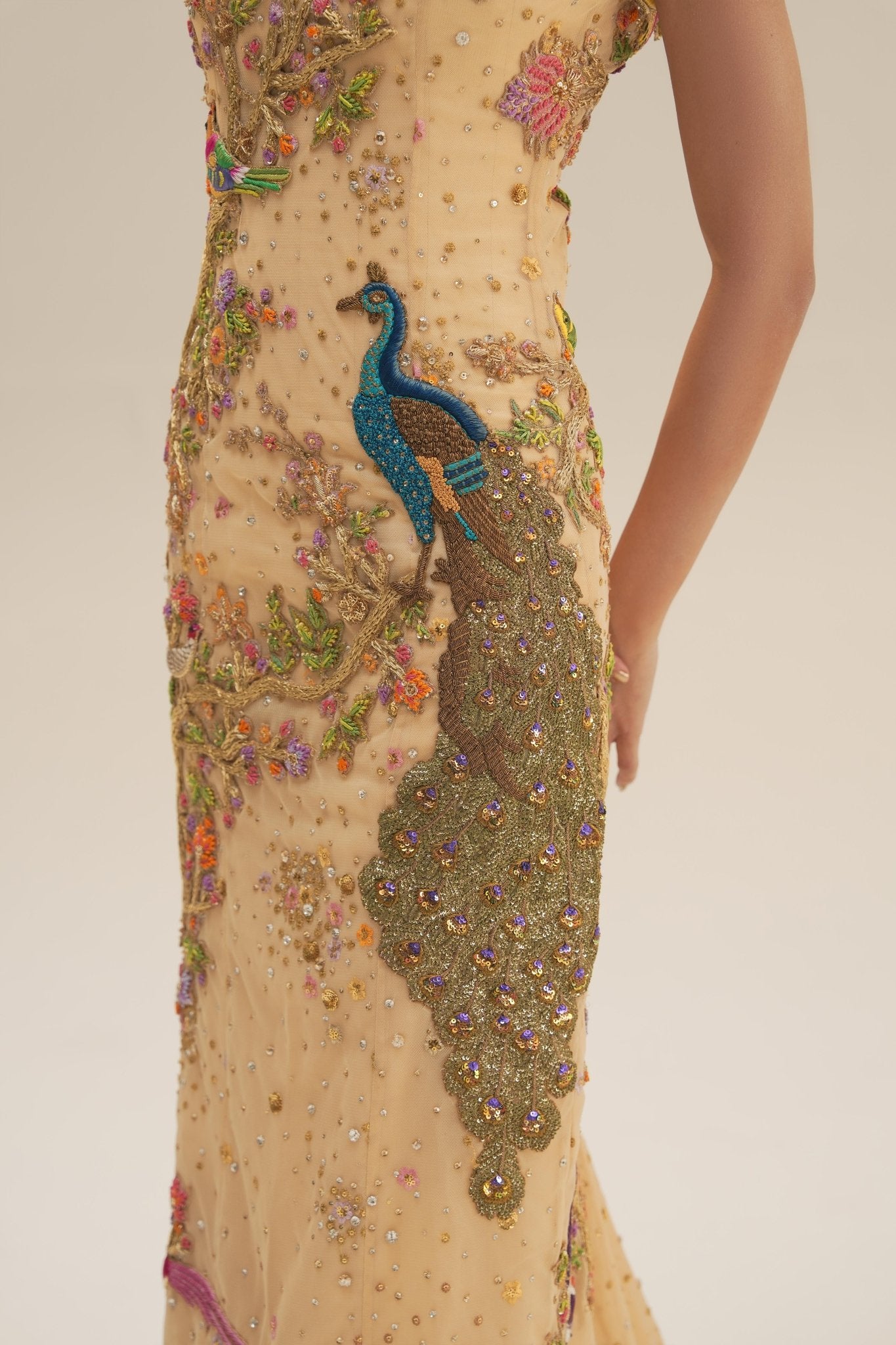 Pakistani Golden-Champagne Embroidered Net Bridal Gown (2-Piece) - Image 7