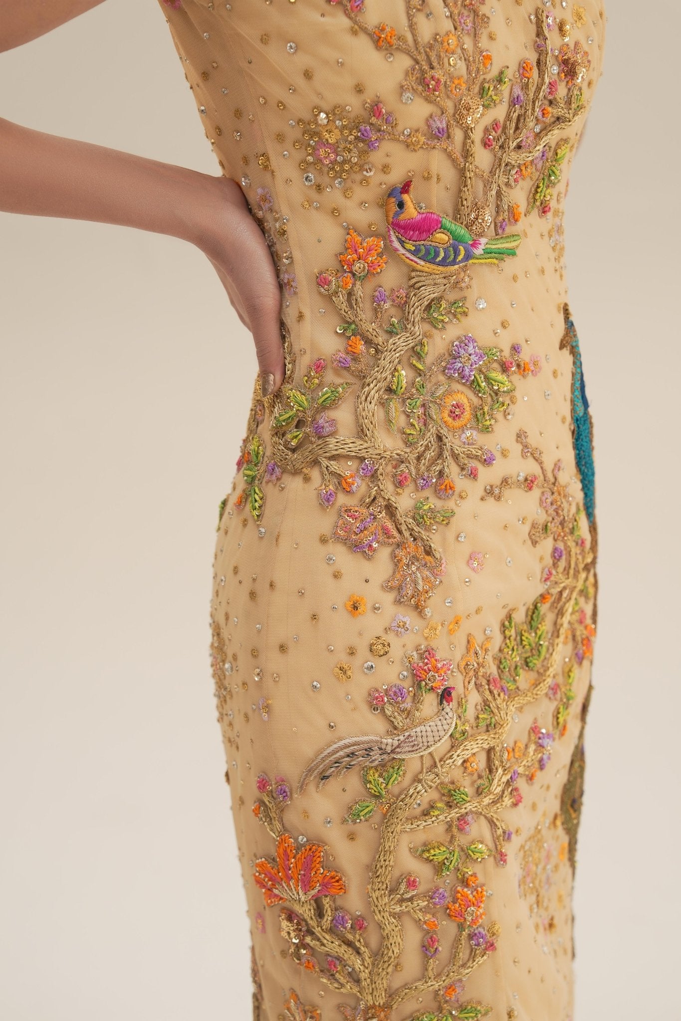 Pakistani Golden-Champagne Embroidered Net Bridal Gown (2-Piece) - Image 8