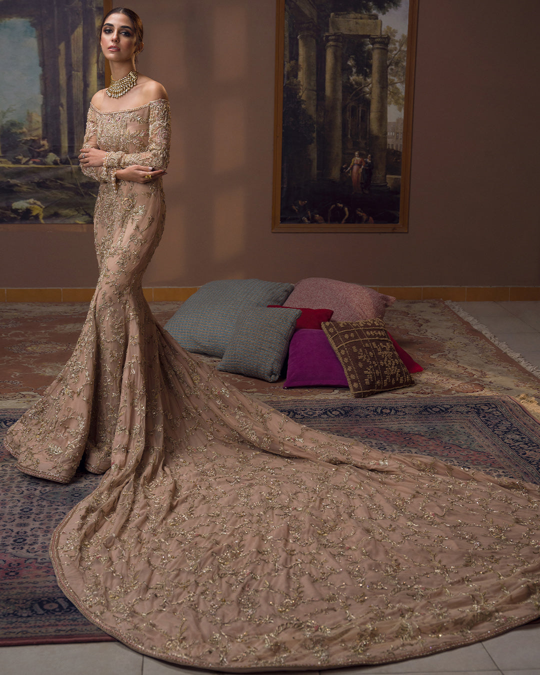 Pakistani Champagne Gold Hand-Embellished Net Gown (2-Piece) - Image 1