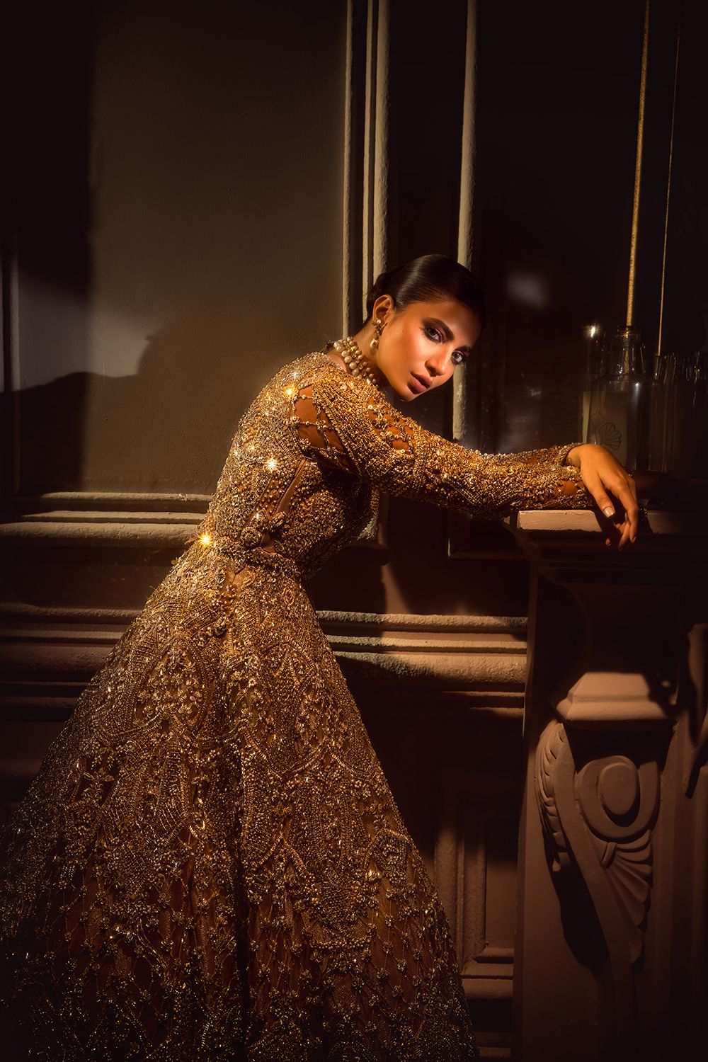 Pakistani Gold Embellished Net Bridal Gown (1-Pc) - Image 2