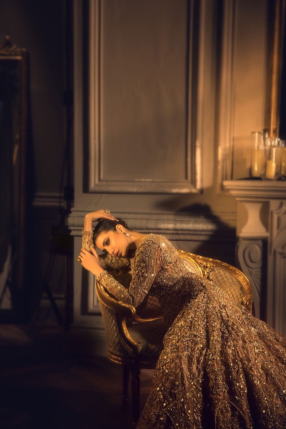 Pakistani Gold Embellished Net Bridal Gown (1-Pc) - Image 4