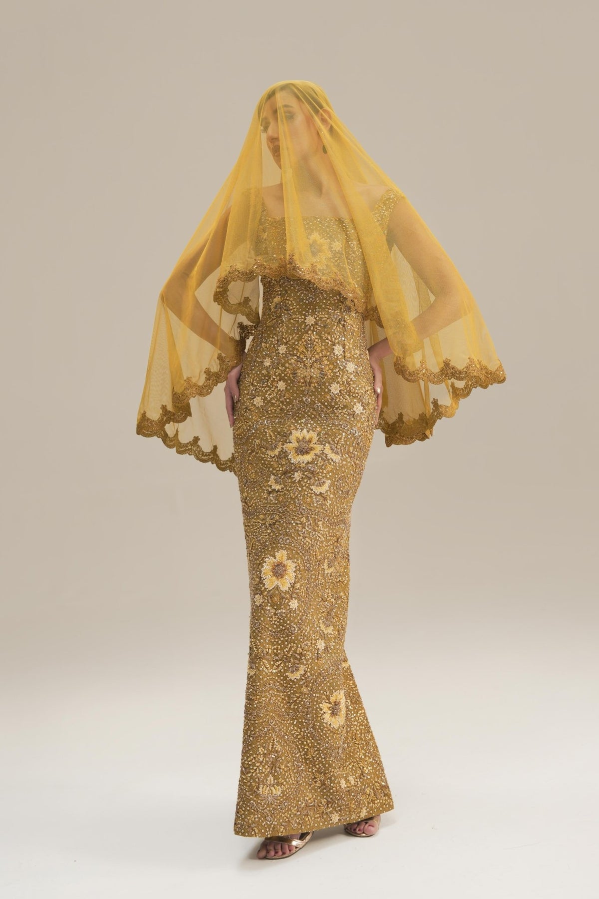 Golden-Green Embroidered Net Gown (2-Piece) - Image 1