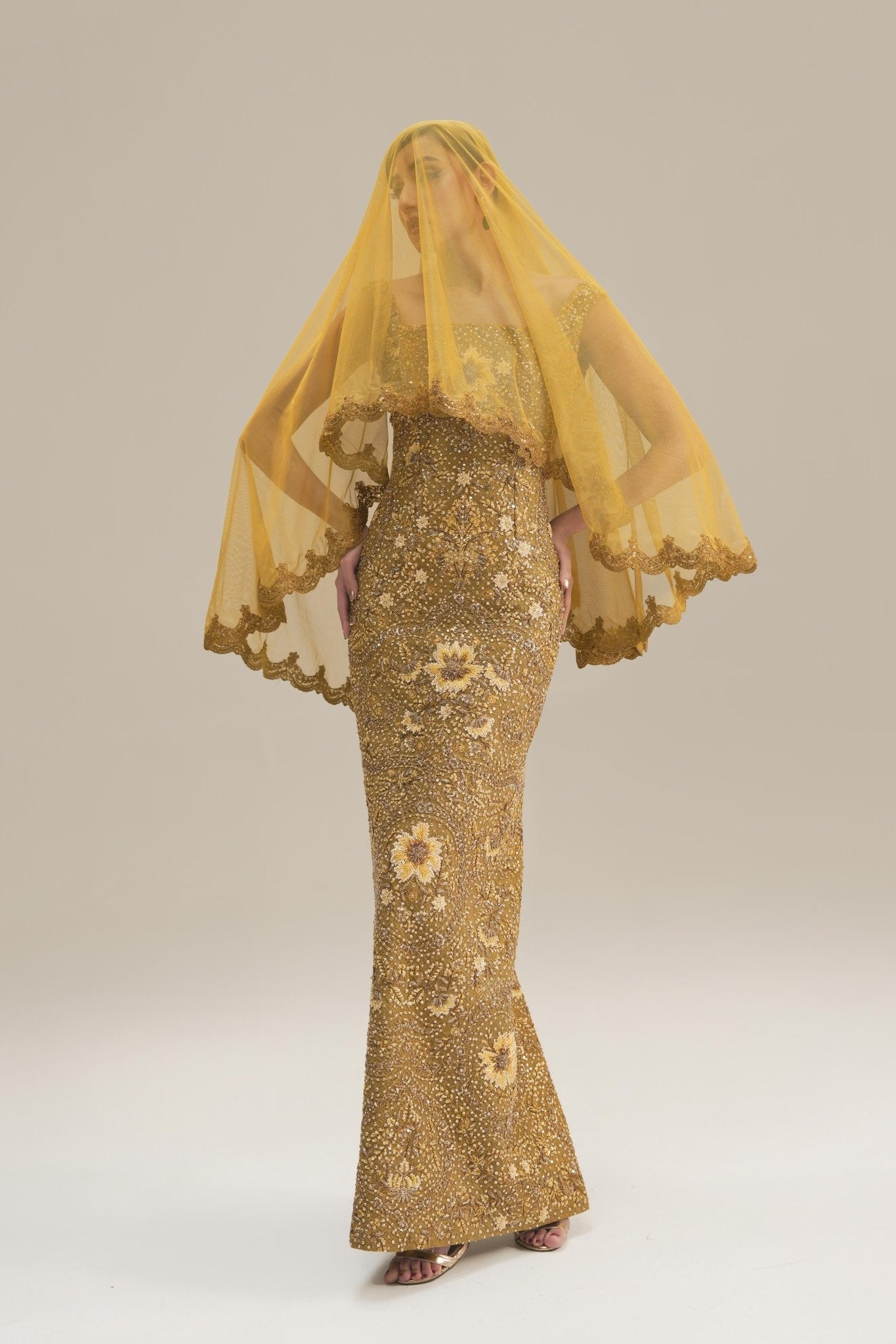 Golden-Green Embroidered Net Gown (2-Piece) - Image 2