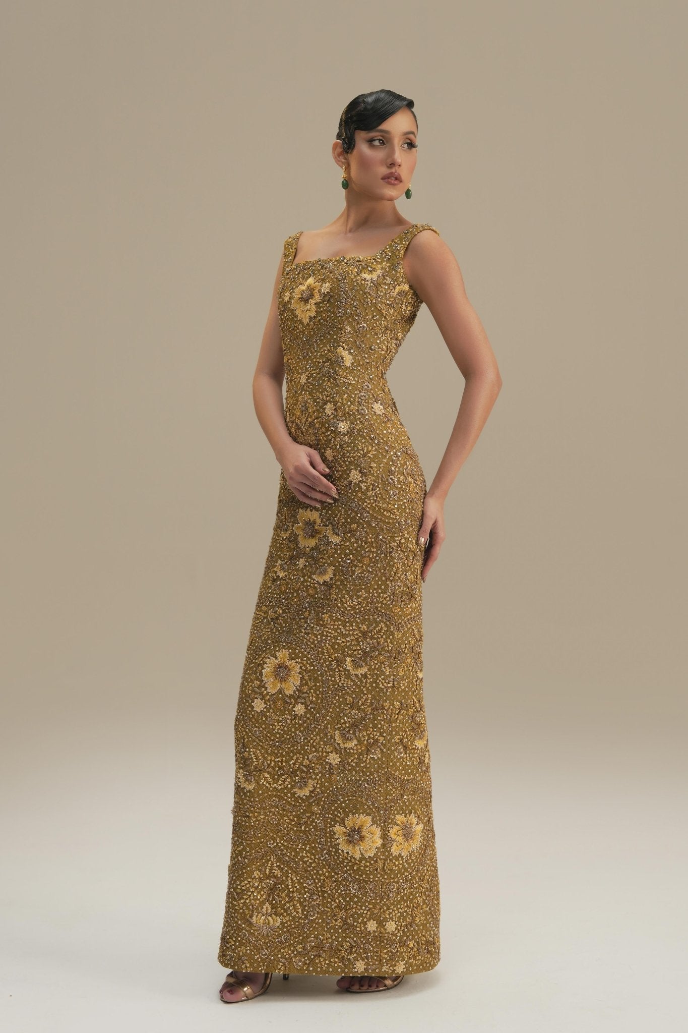 Golden-Green Embroidered Net Gown (2-Piece) - Image 5