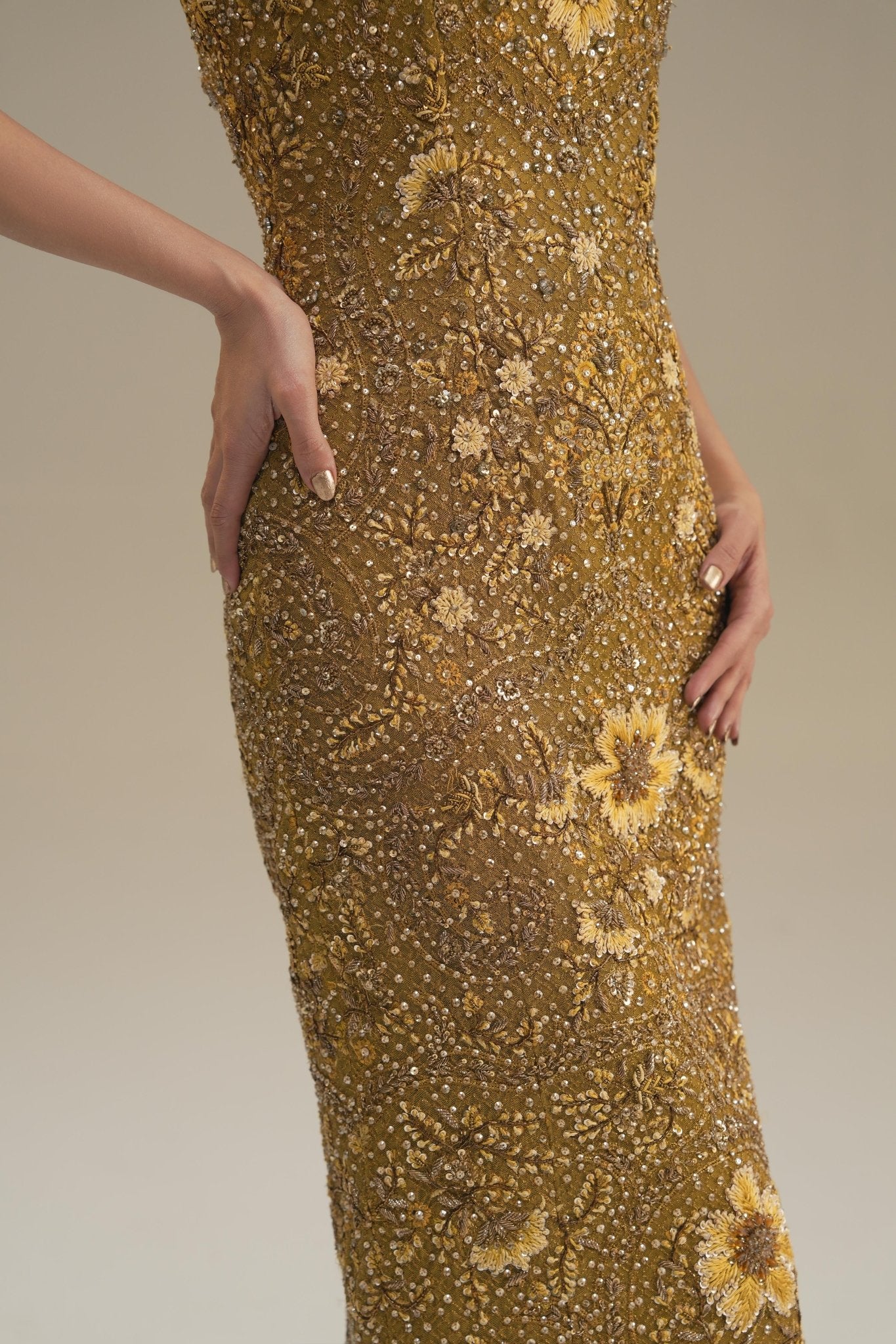 Golden-Green Embroidered Net Gown (2-Piece) - Image 6