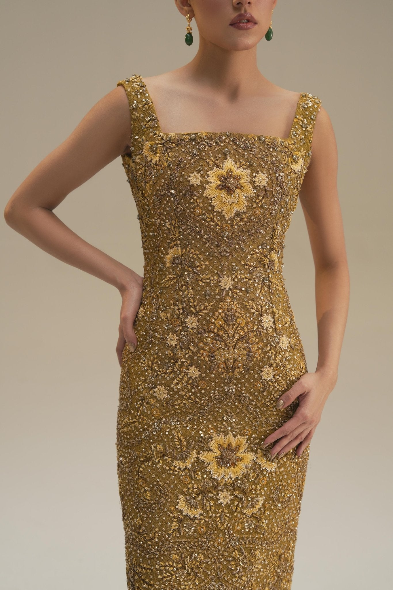 Golden-Green Embroidered Net Gown (2-Piece) - Image 7