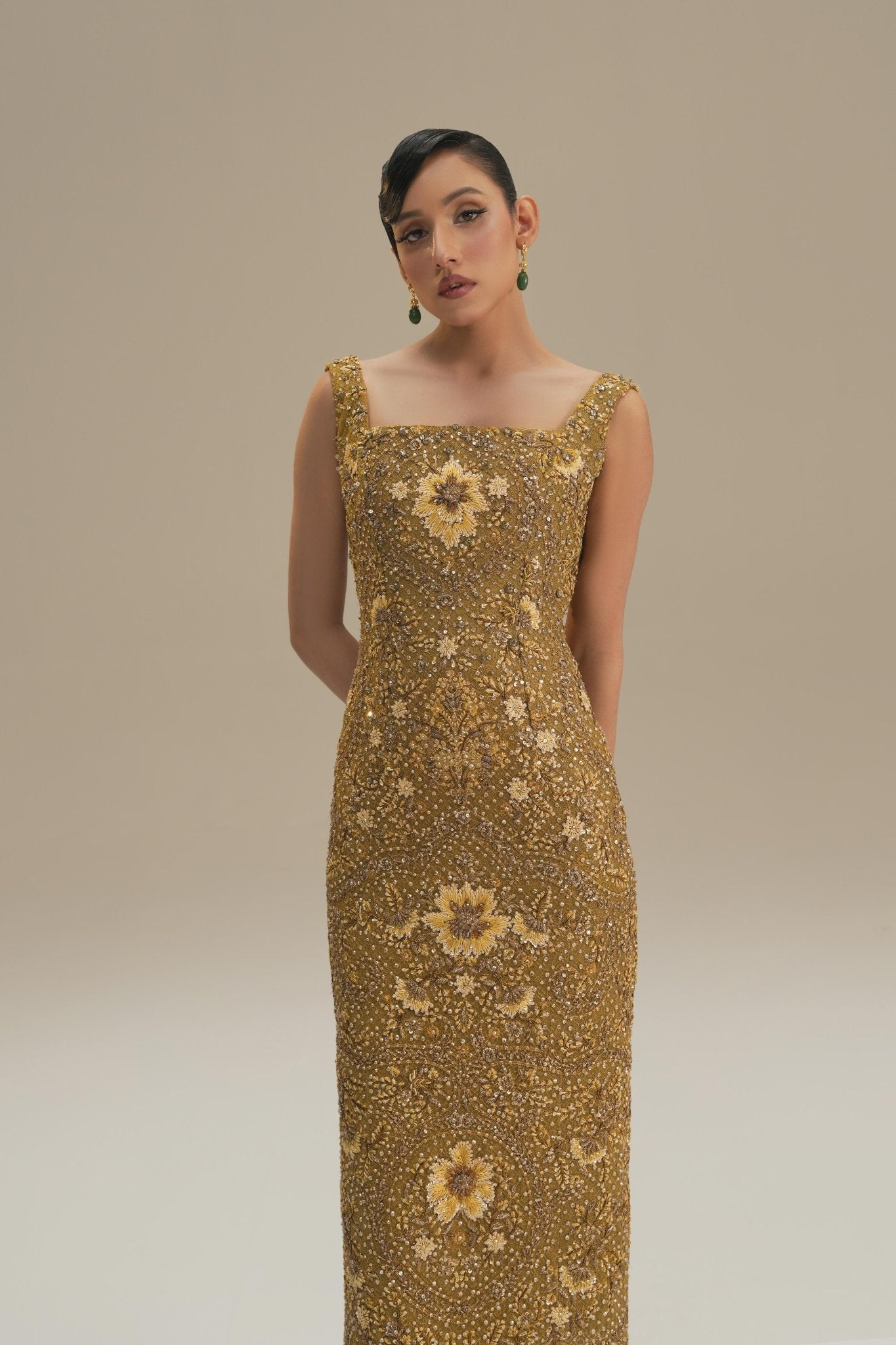 Golden-Green Embroidered Net Gown (2-Piece) - Image 8
