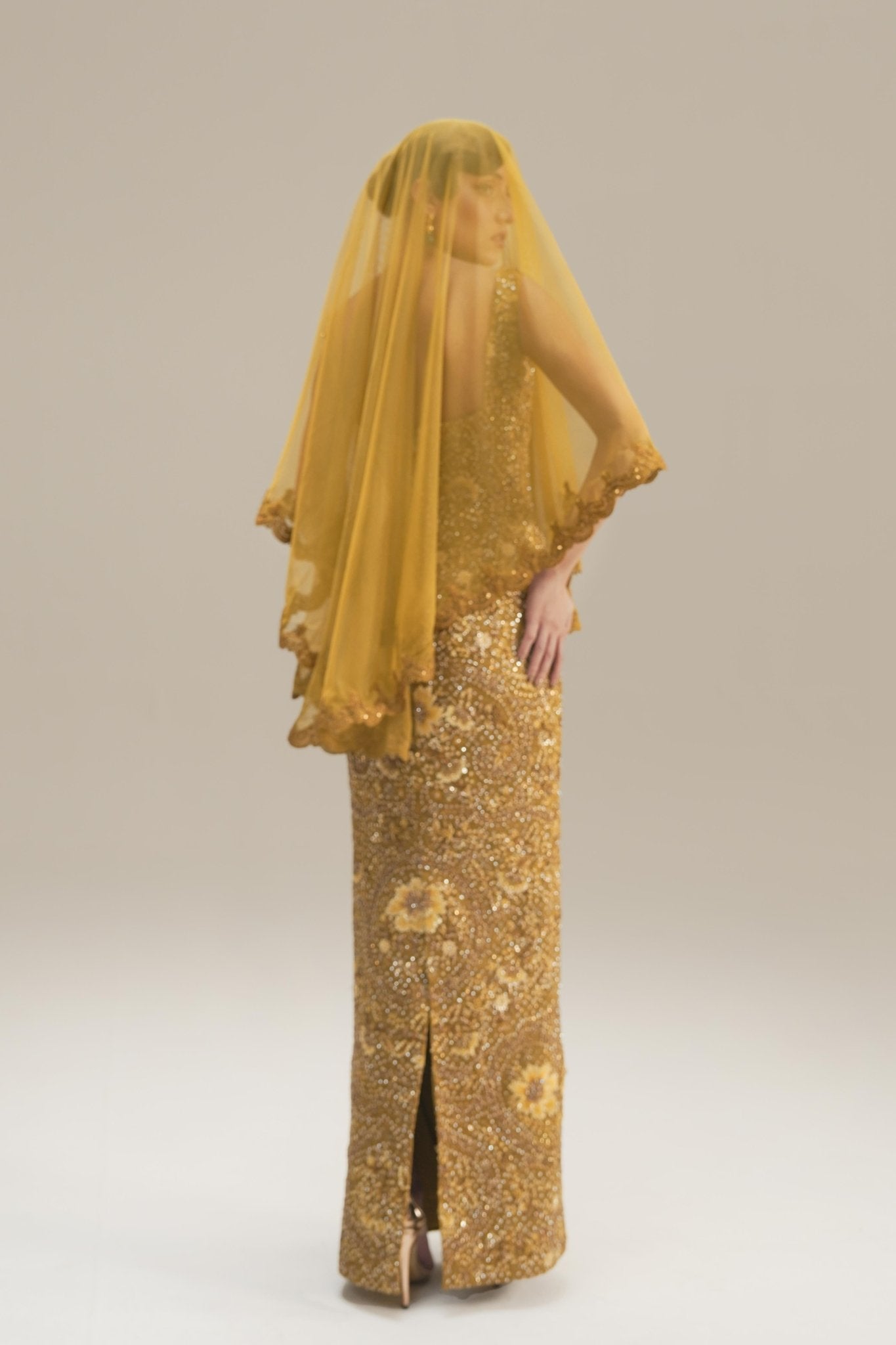 Golden-Green Embroidered Net Gown (2-Piece) - Image 9