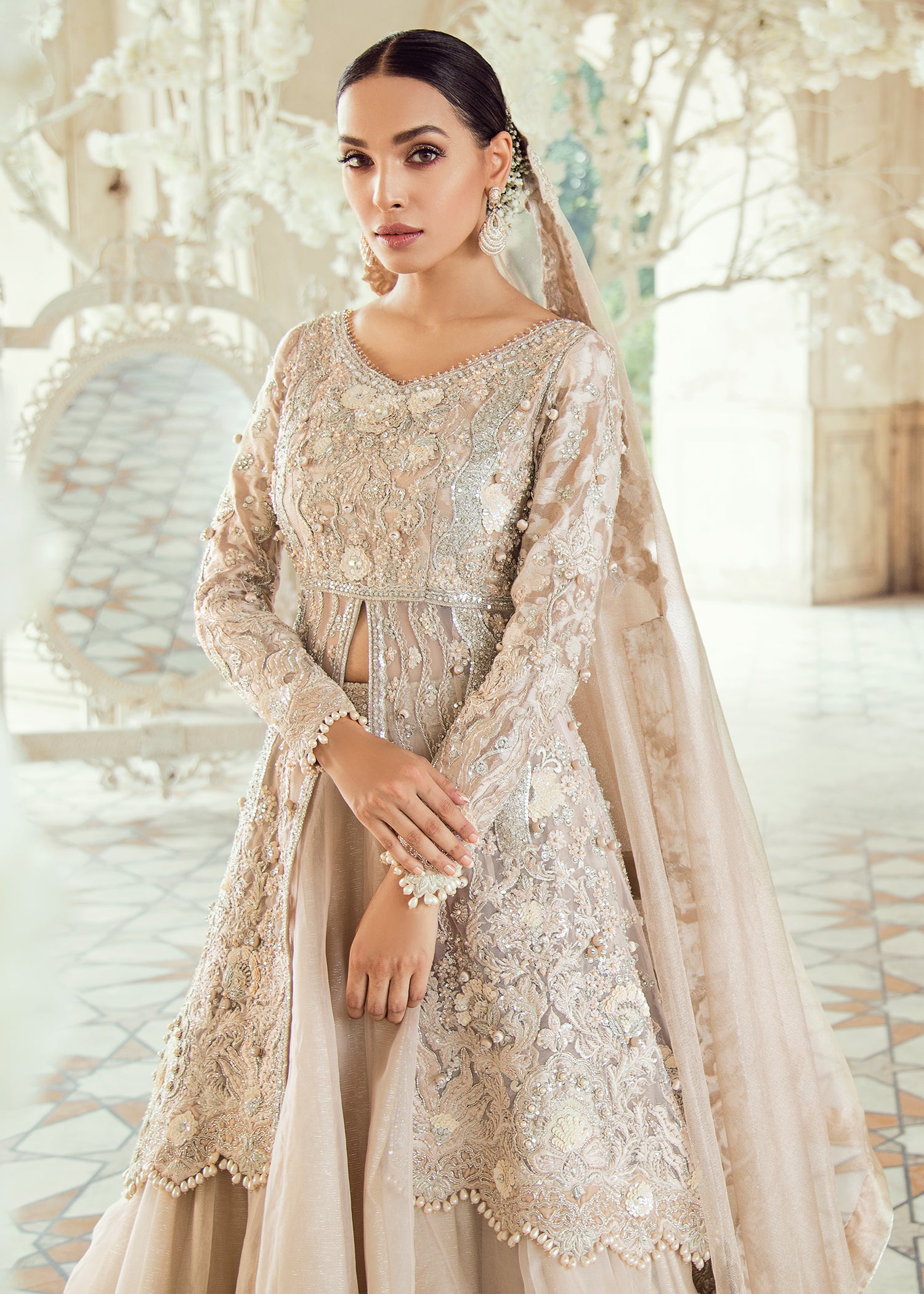 Champagne Embellished Net Gown with Long Jacket (3-Piece) - Image 3