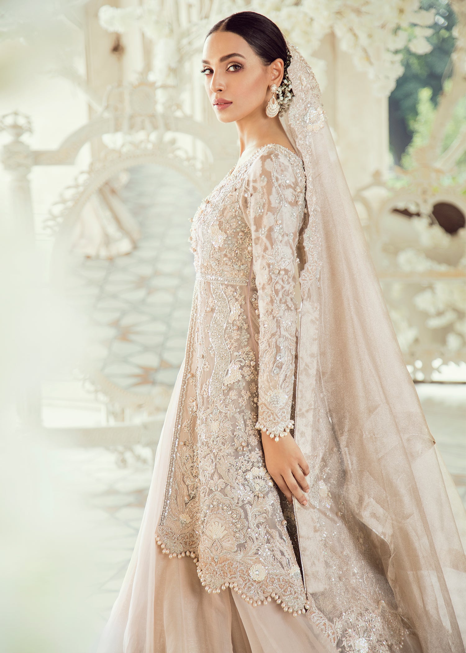 Champagne Embellished Net Gown with Long Jacket (3-Piece) - Image 4