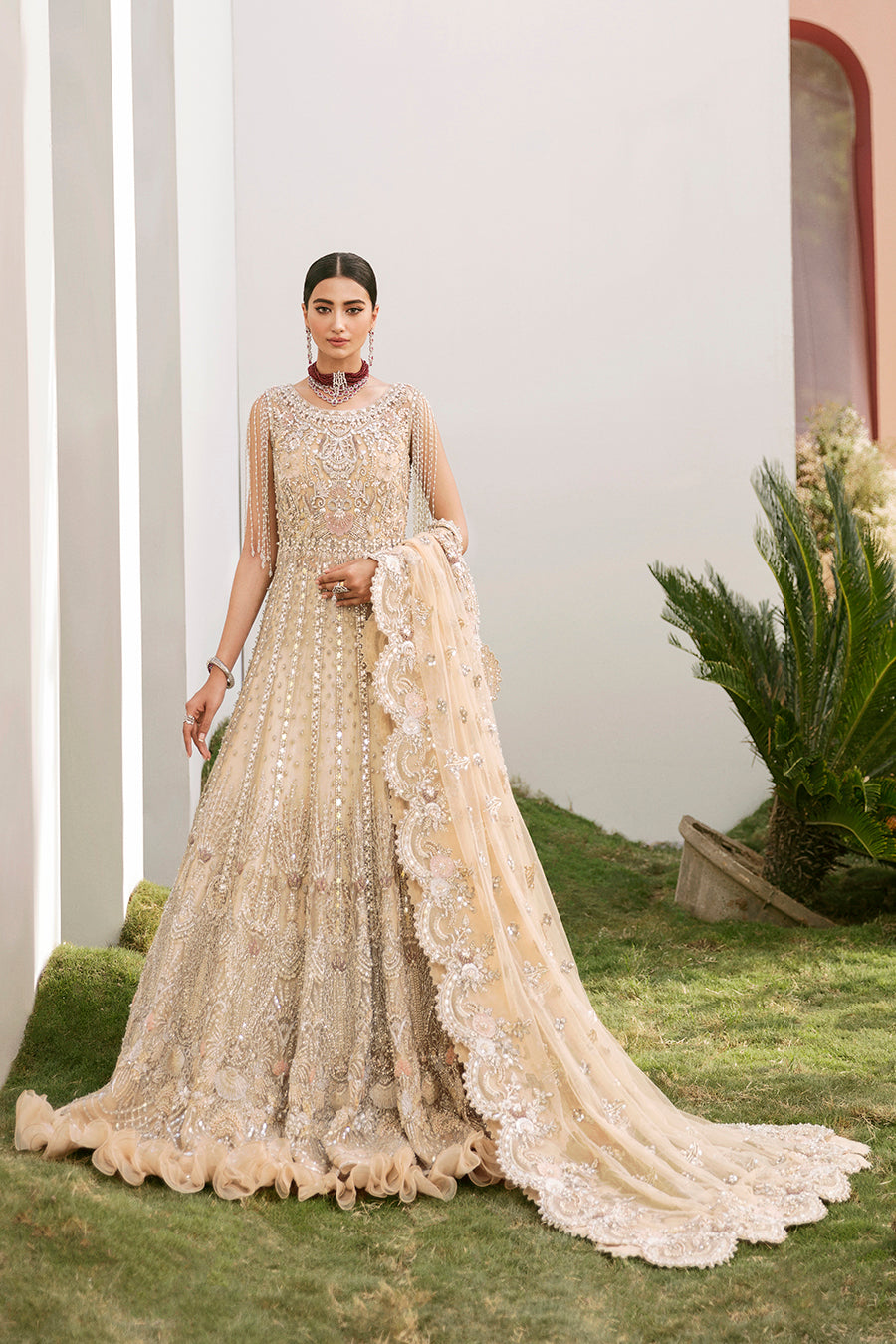 Pakistani Champagne Gold Embroidered Net Bridal Gown (2-Piece) - Image 1