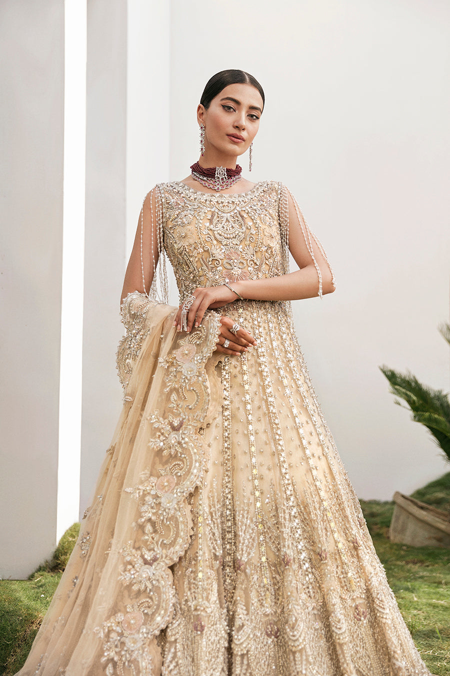 Pakistani Champagne Gold Embroidered Net Bridal Gown (2-Piece) - Image 2